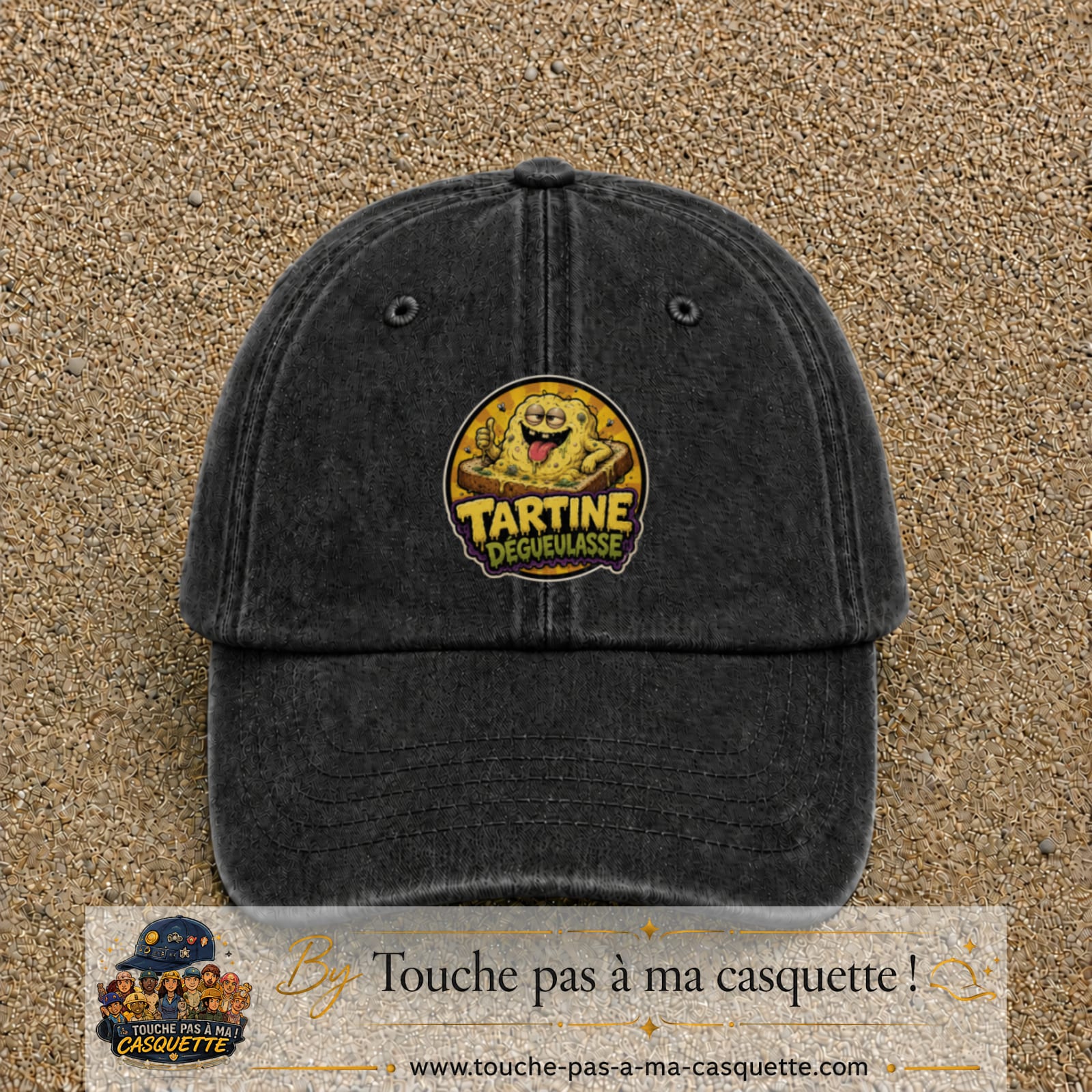 Casquette baseball Noir délavé 100% coton avec visuel Tartine dégueulasse 7 cm - image produit principale
