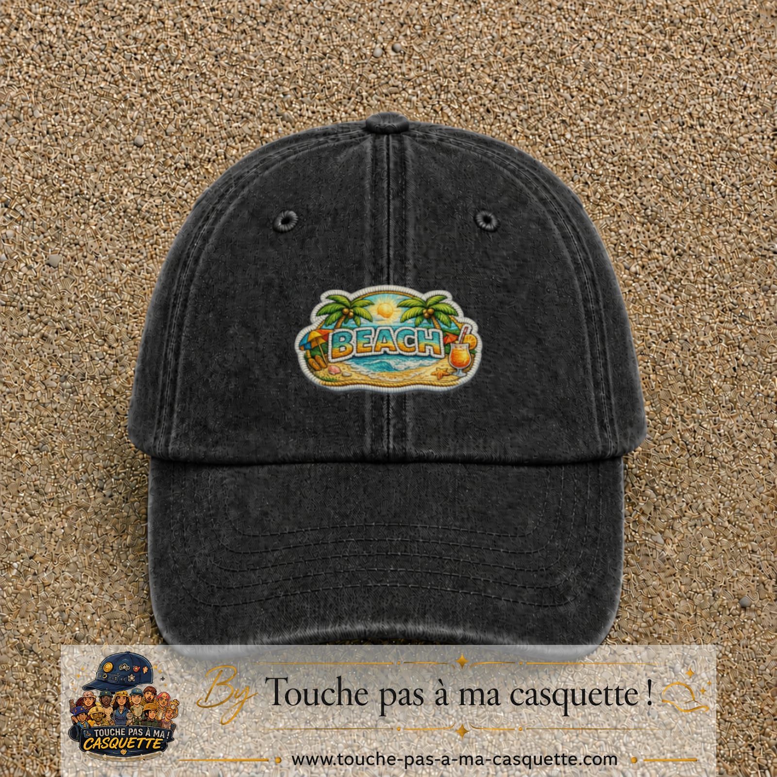 Casquette Noir délavé motif Plage tropicale Beach 5 cm - vue principale
