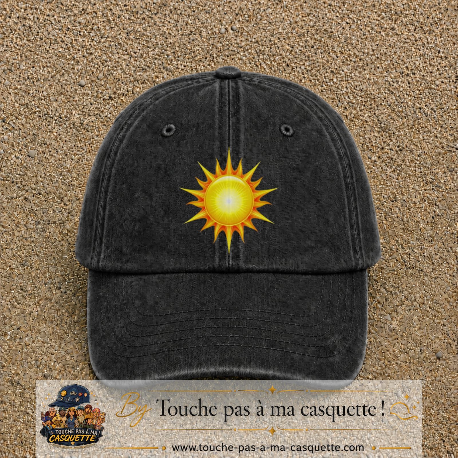 Casquette baseball Noir délavé 100% coton avec motif Soleil rayonnant 7 cm - image principale