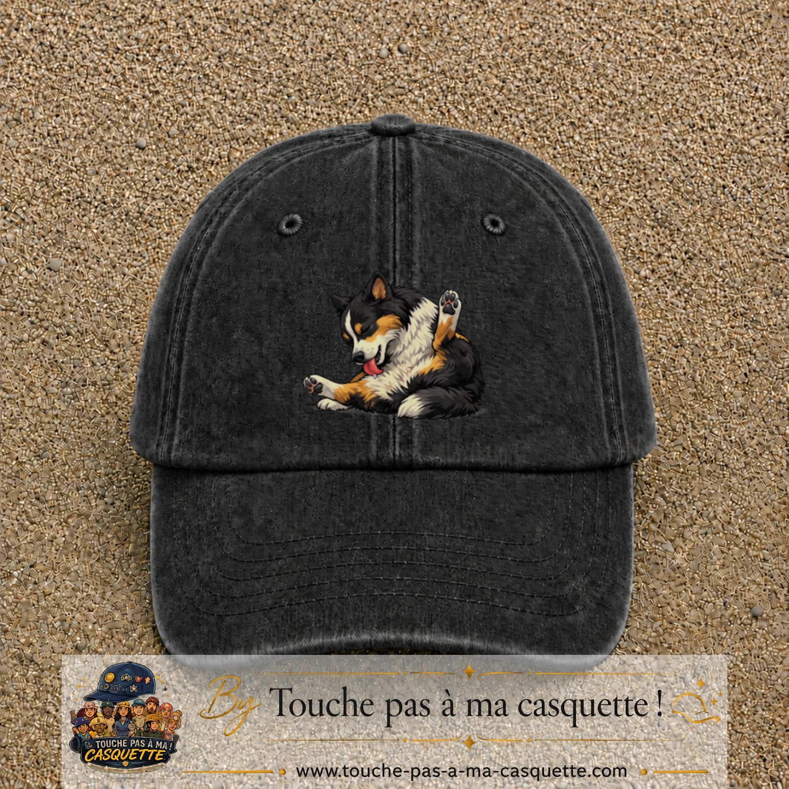 Casquette baseball Noir délavé 100% coton avec motif Chien joueur 7 cm - image principale