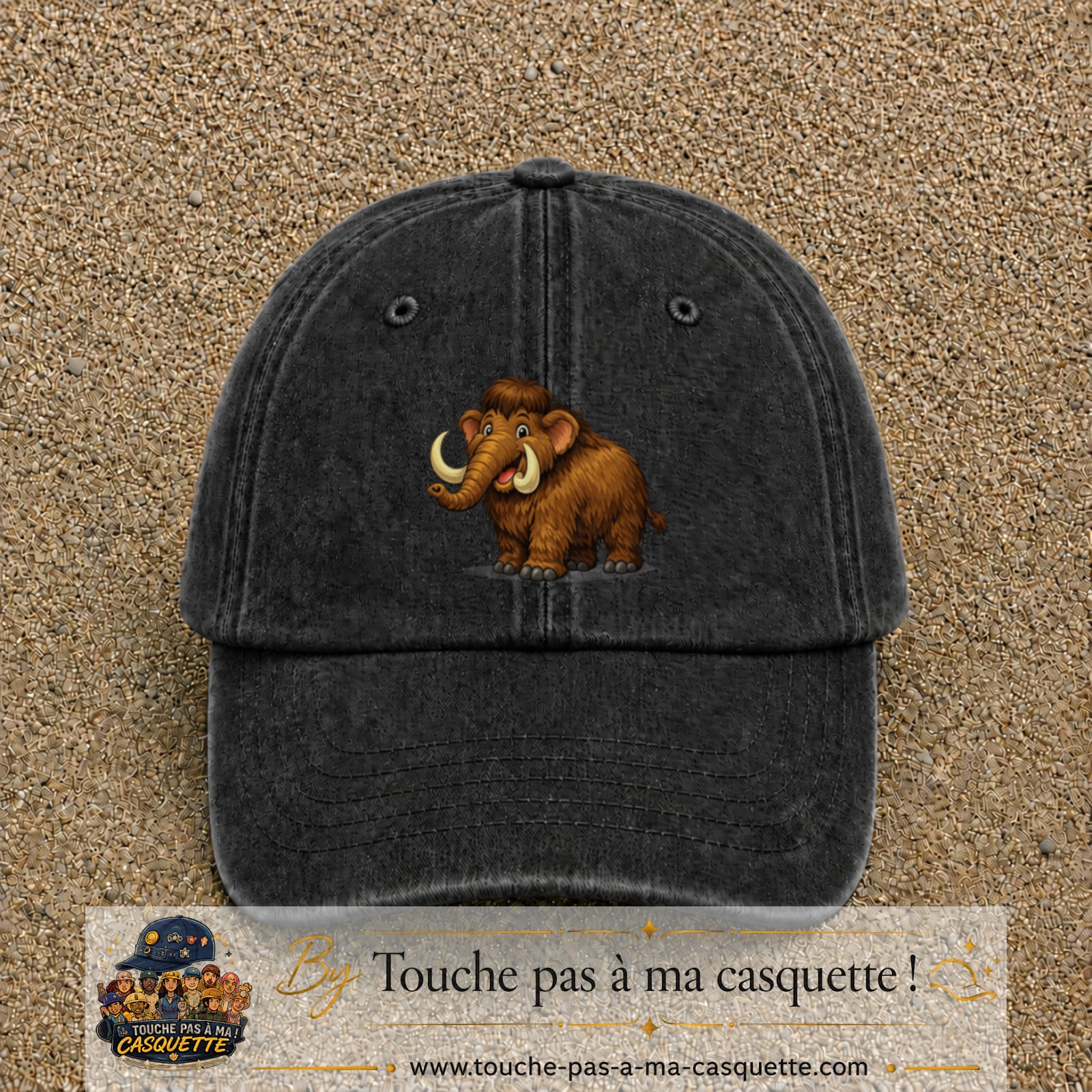 Casquette Noir délavé 100% coton avec motif Mammouth cartoon 7 cm - image principale