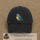 Casquette baseball Noir délavé 100% coton avec visuel Mésange bleue 7 cm - image produit principale
