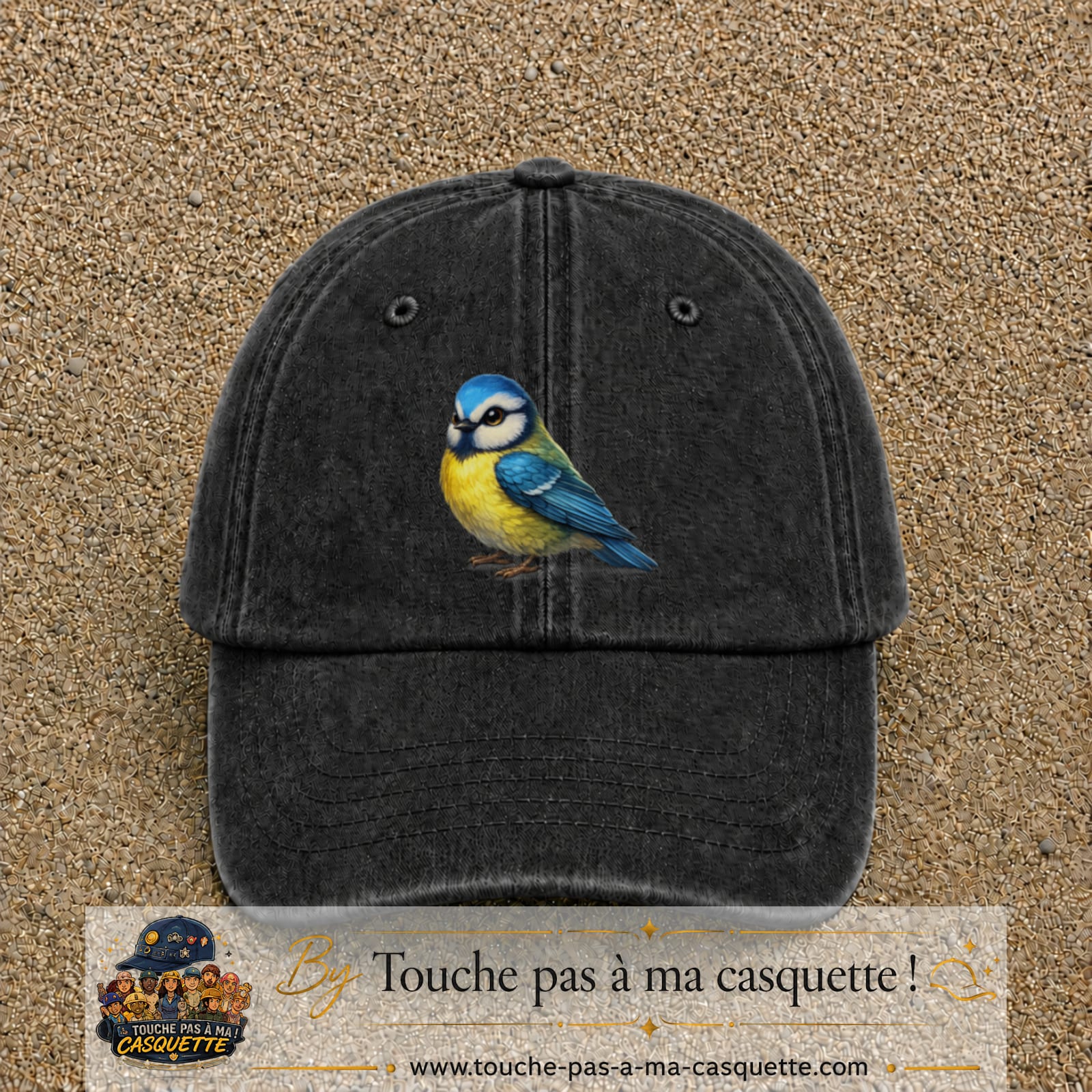 Casquette baseball Noir délavé 100% coton avec visuel Mésange bleue 7 cm - image produit principale