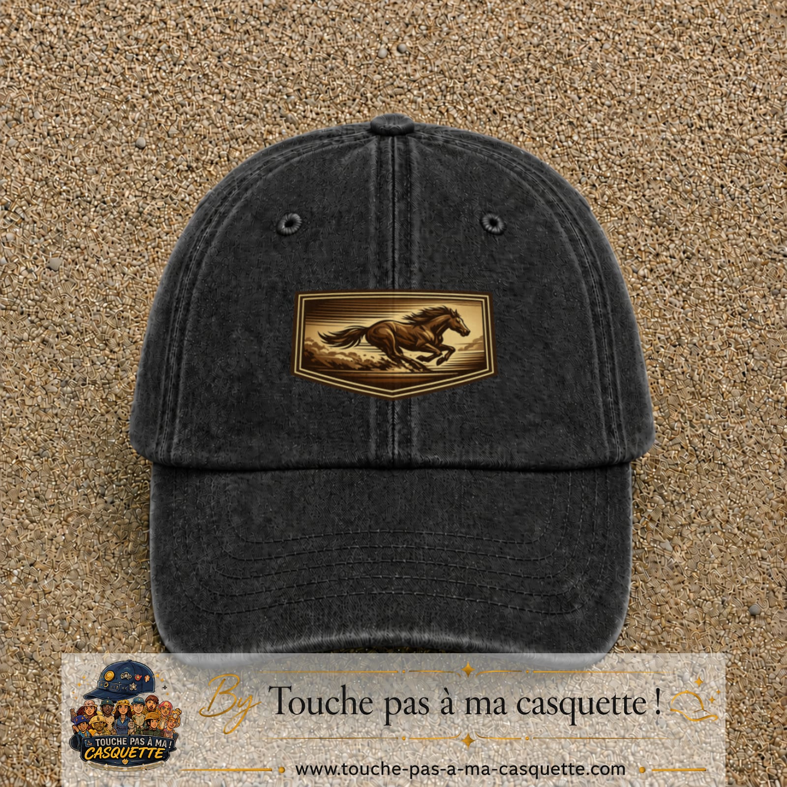 Casquette baseball Noir délavé 100% coton avec visuel Cheval en course 5 cm - image produit principale