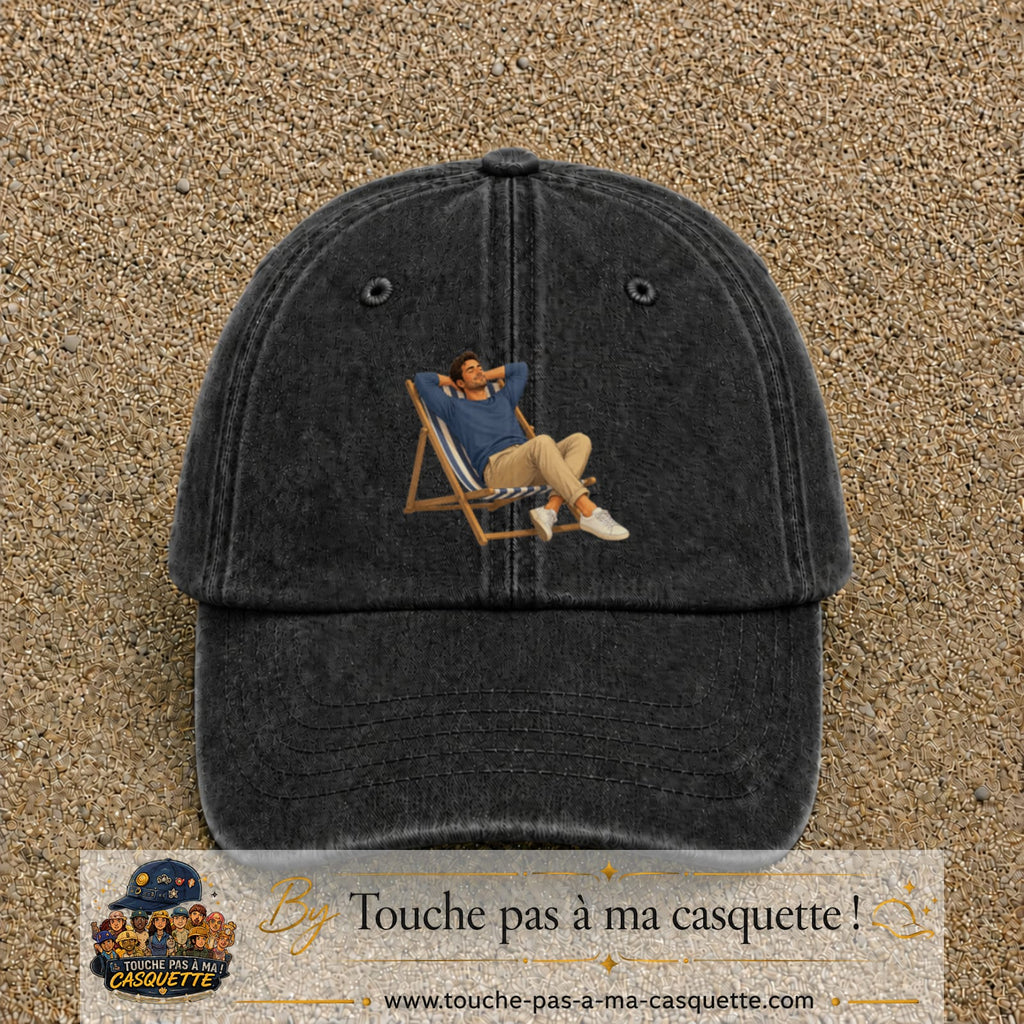Casquette Noir délavé 100% coton avec motif Pause soleil transat 7 cm - image principale