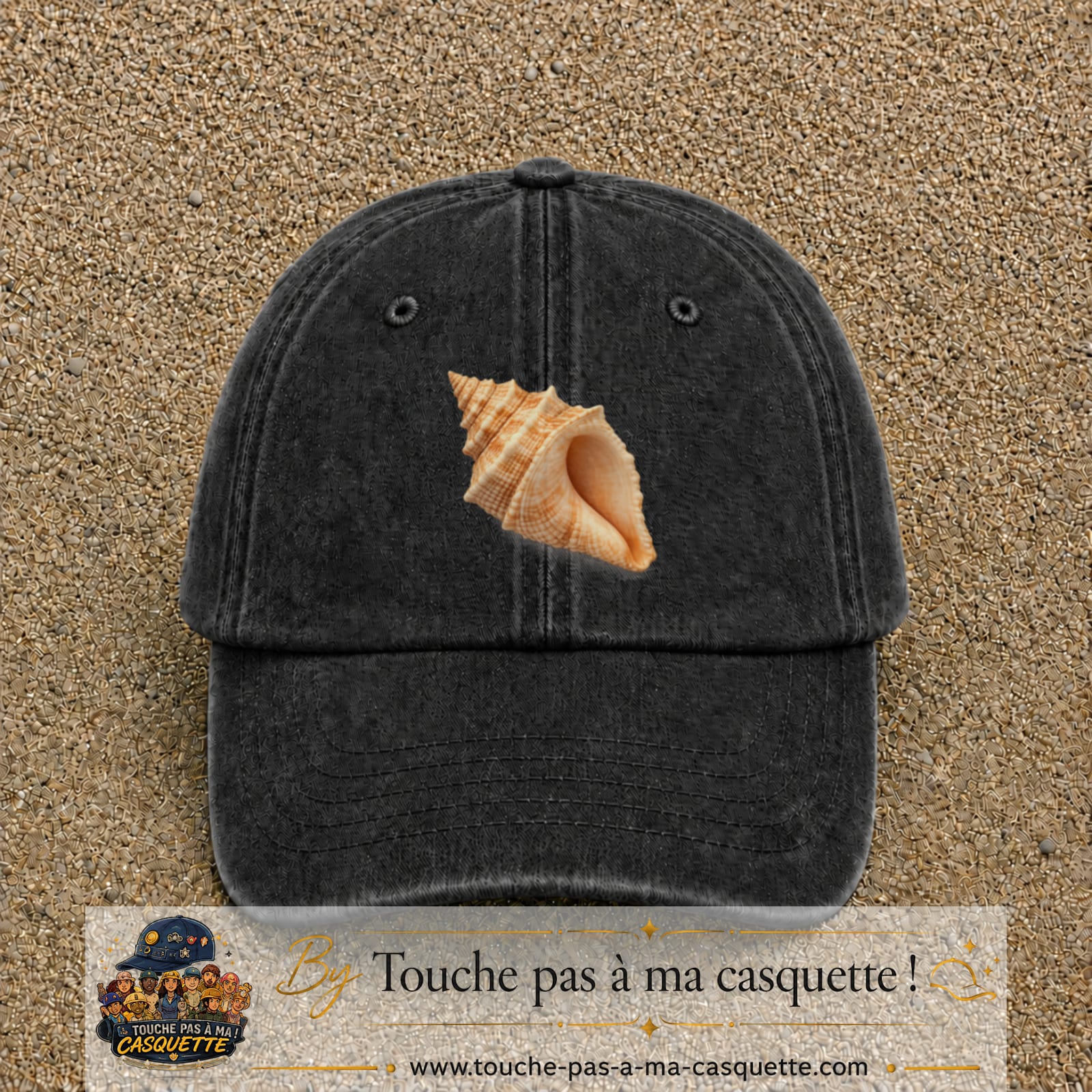 Casquette baseball Noir délavé 100% coton avec visuel Coquillage marin 7 cm - image produit principale