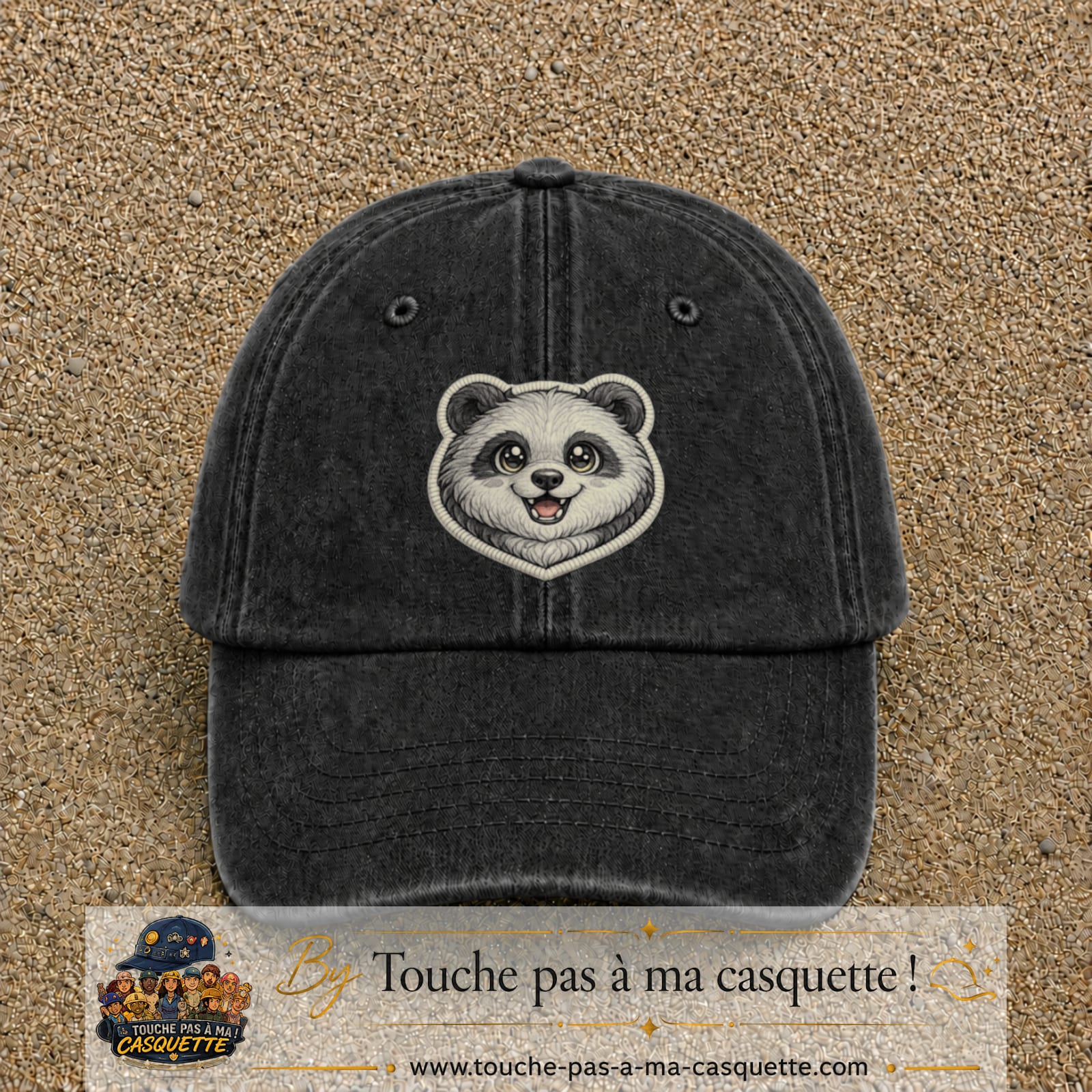 Casquette Noir délavé motif Panda souriant 7 cm - vue principale
