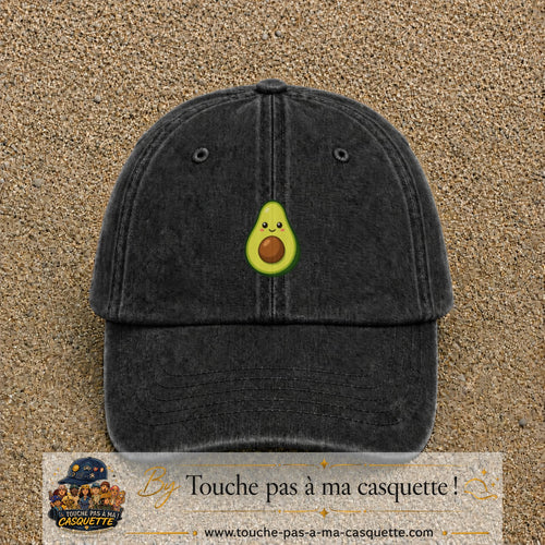 Casquette baseball Noir délavé 100% coton avec visuel Avocat kawaii 5 cm - image produit principale
