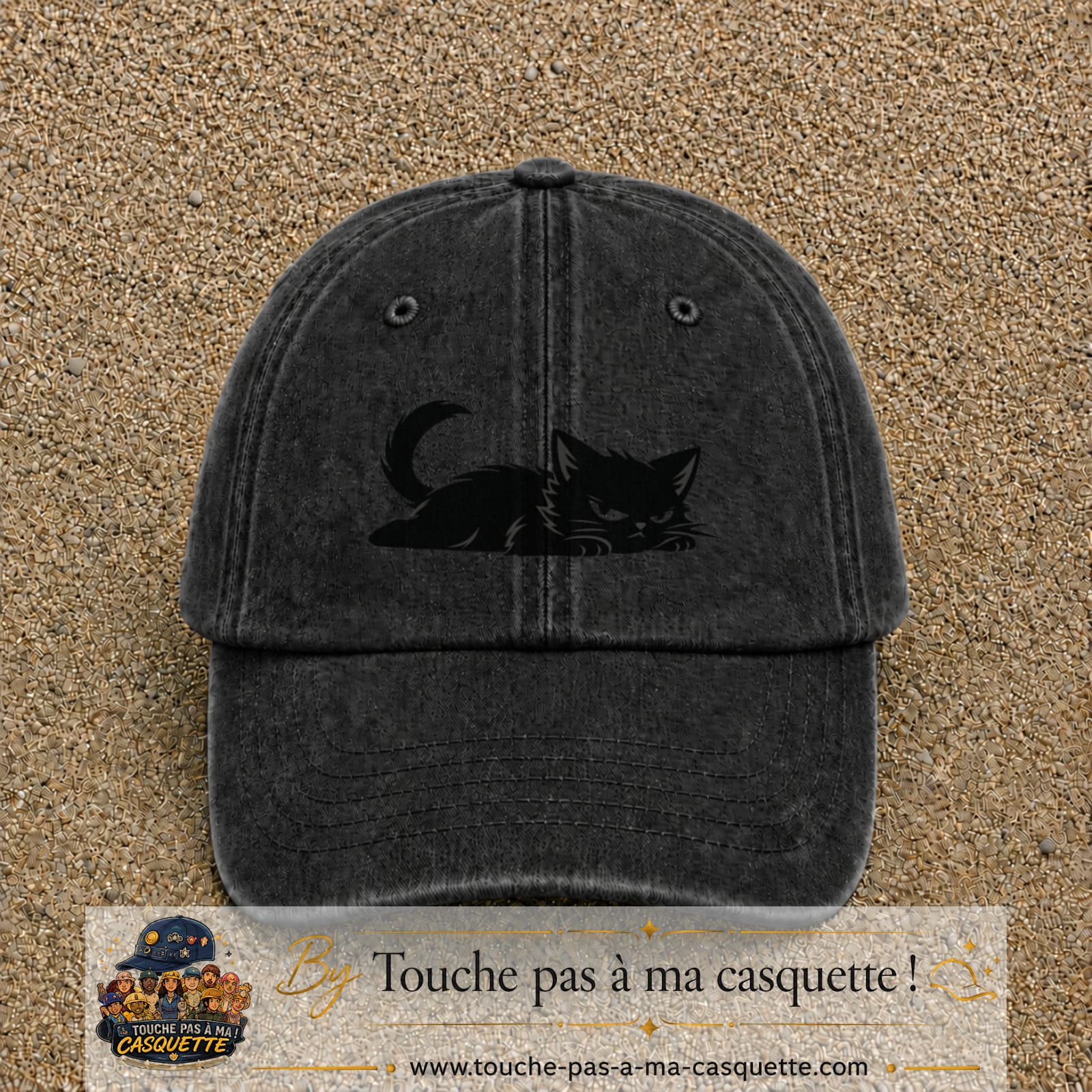 Casquette baseball Noir délavé 100% coton avec visuel Chat noir couché 5 cm - image produit principale