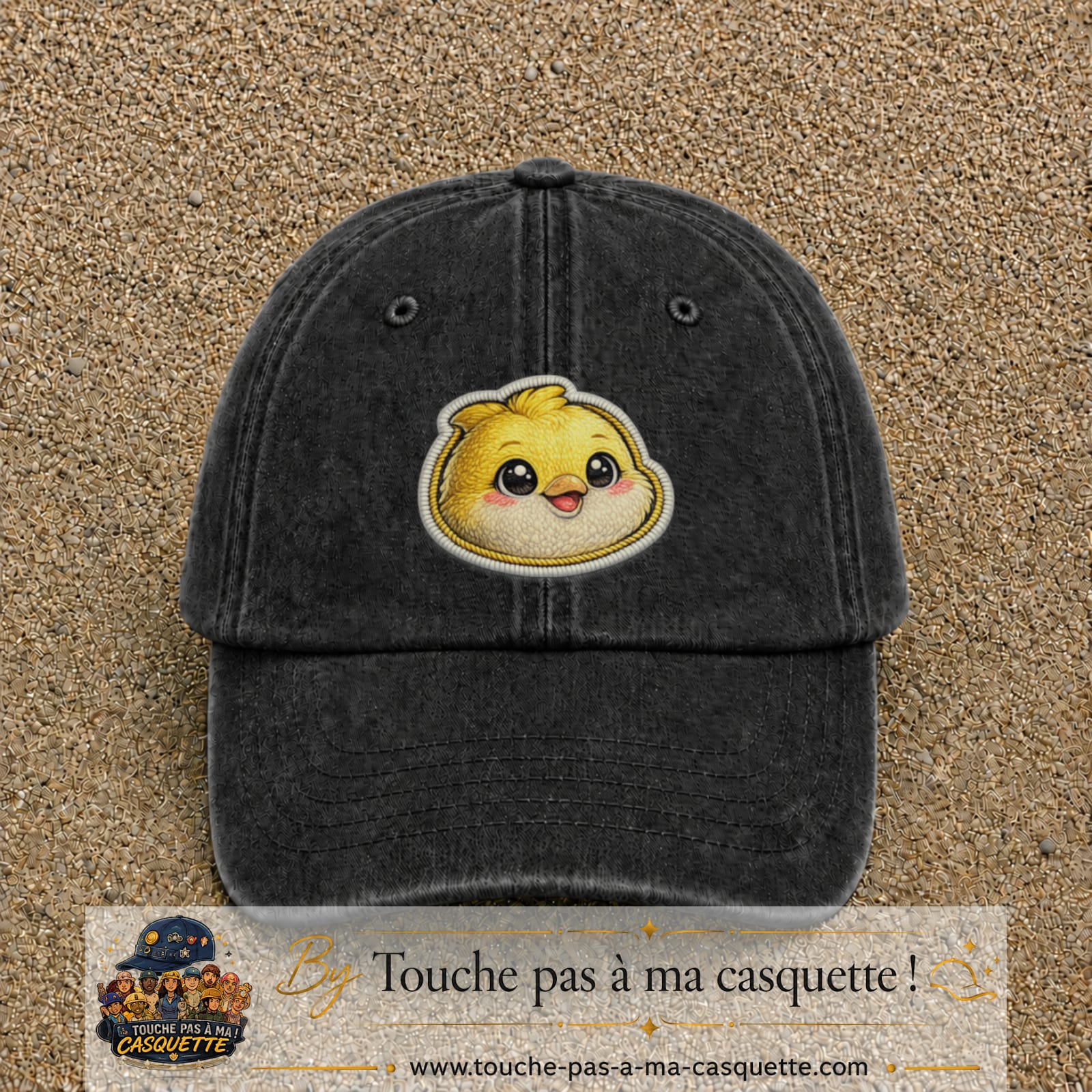 Casquette Noir délavé motif Poussin joyeux 7 cm - vue principale