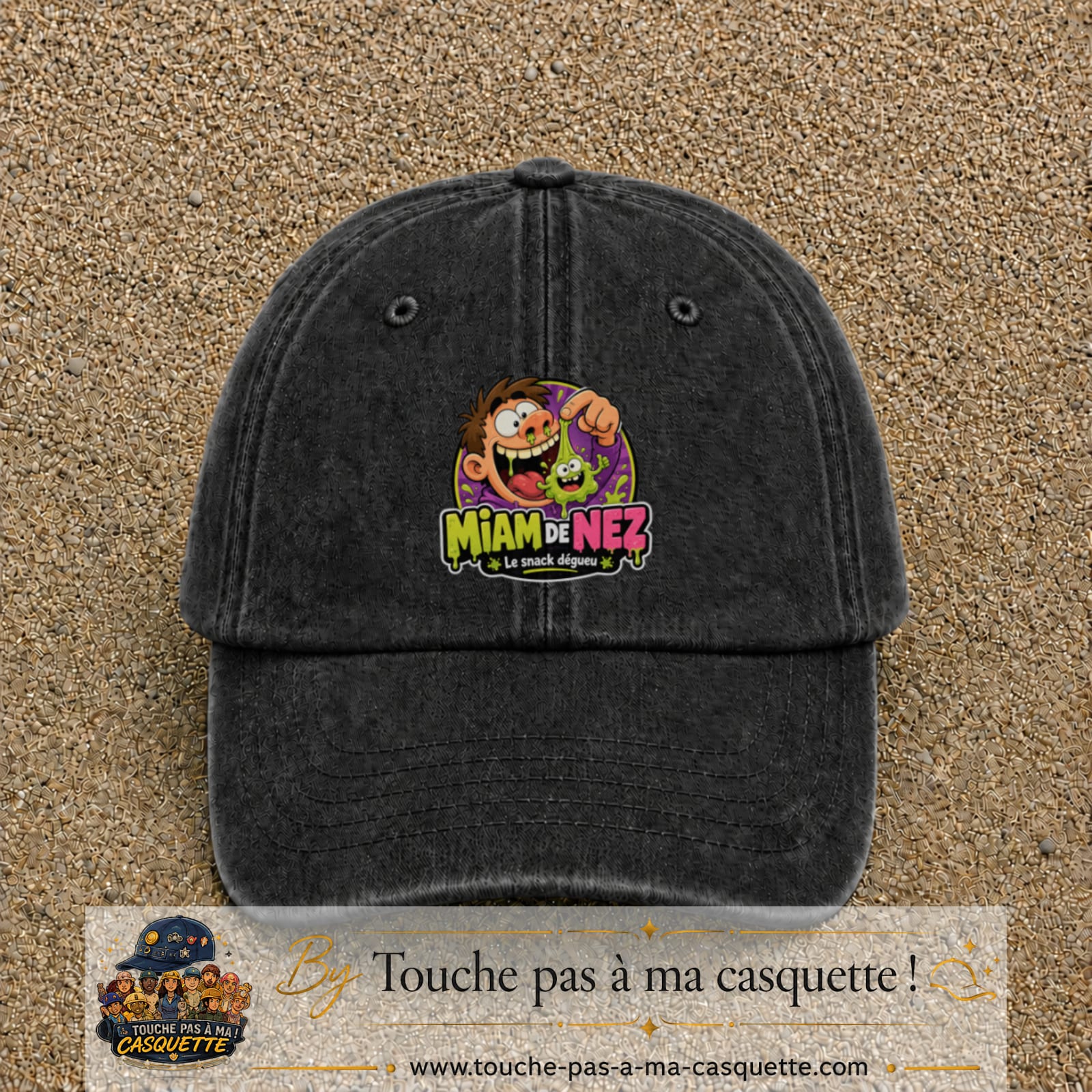 Casquette baseball Noir délavé 100% coton avec visuel Miam de nez 7 cm - image produit principale