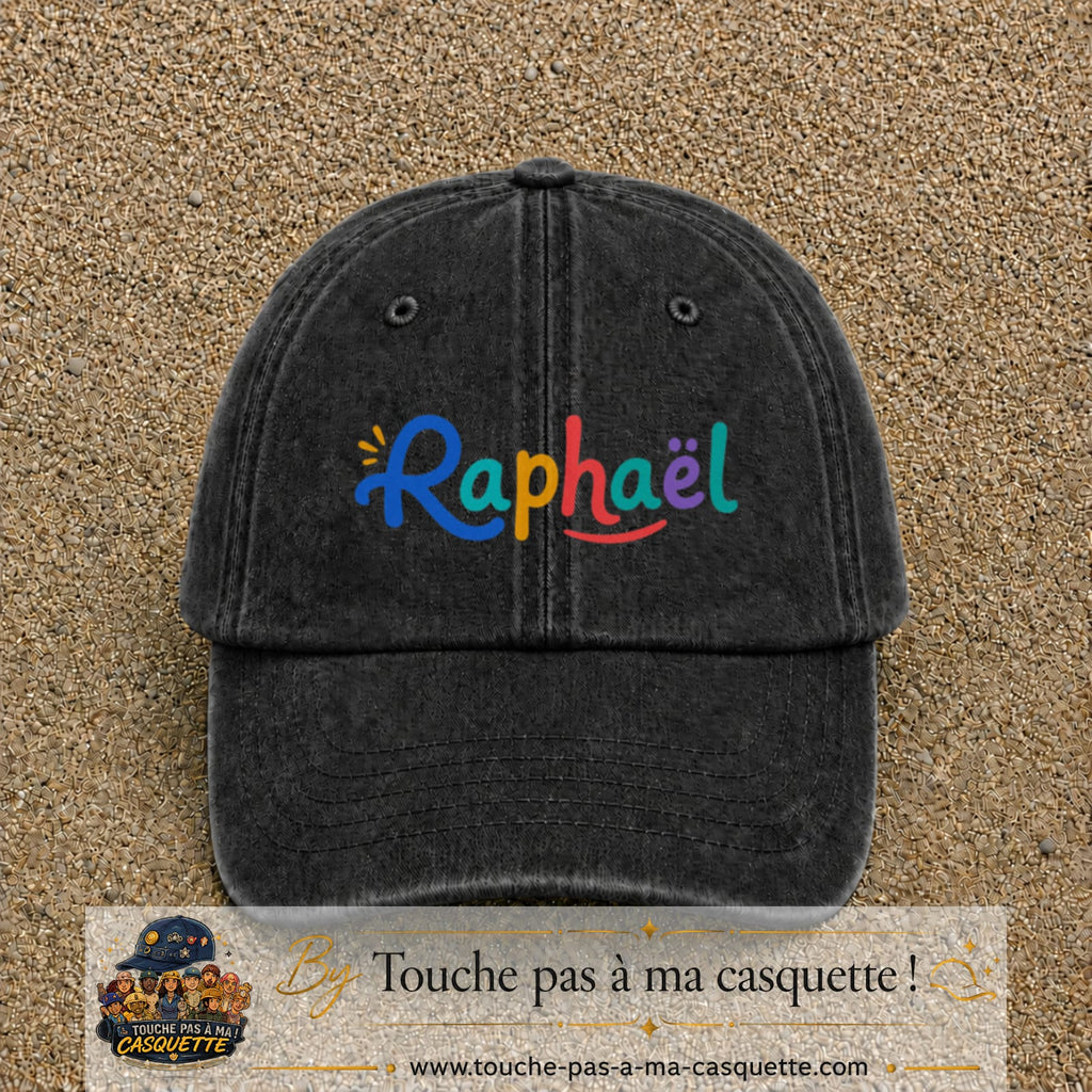 Casquette baseball Noir délavé 100% coton avec visuel Prénom Raphaël coloré 7 cm - image produit principale