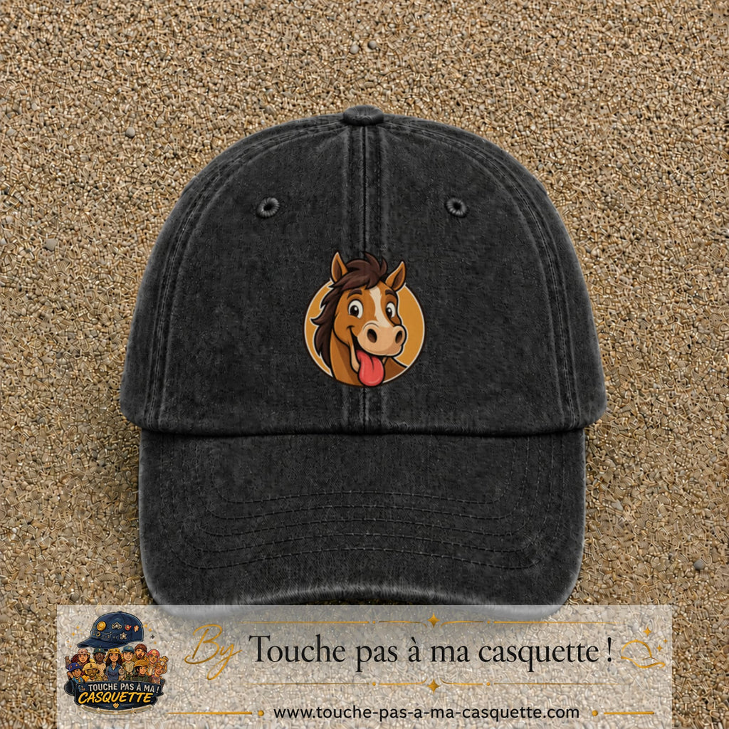 Casquette baseball Noir délavé 100% coton avec visuel Cheval langue tirée 7 cm - image produit principale