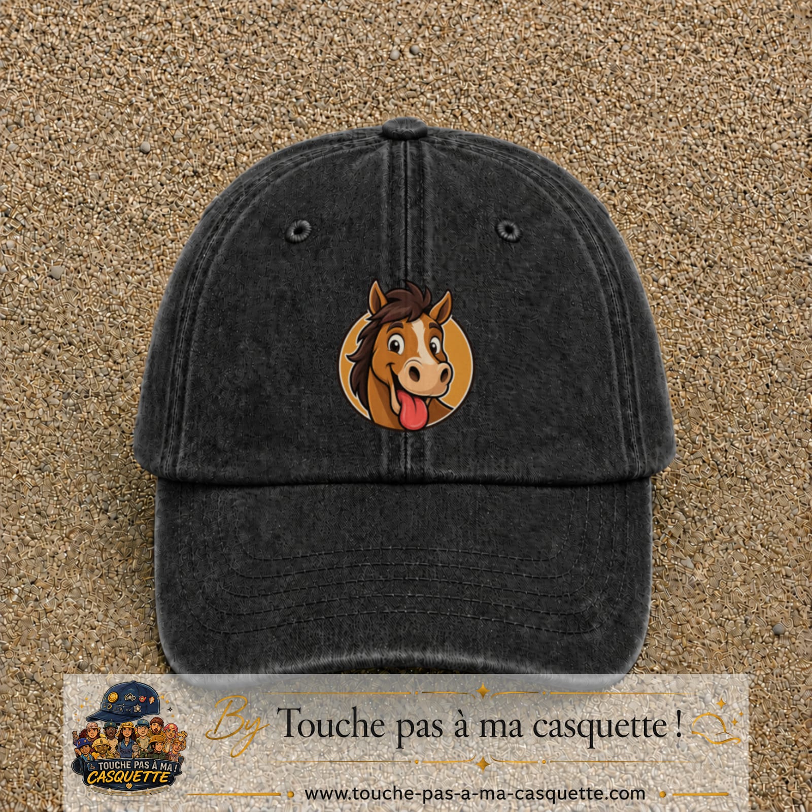 Casquette baseball Noir délavé 100% coton avec visuel Cheval langue tirée 7 cm - image produit principale