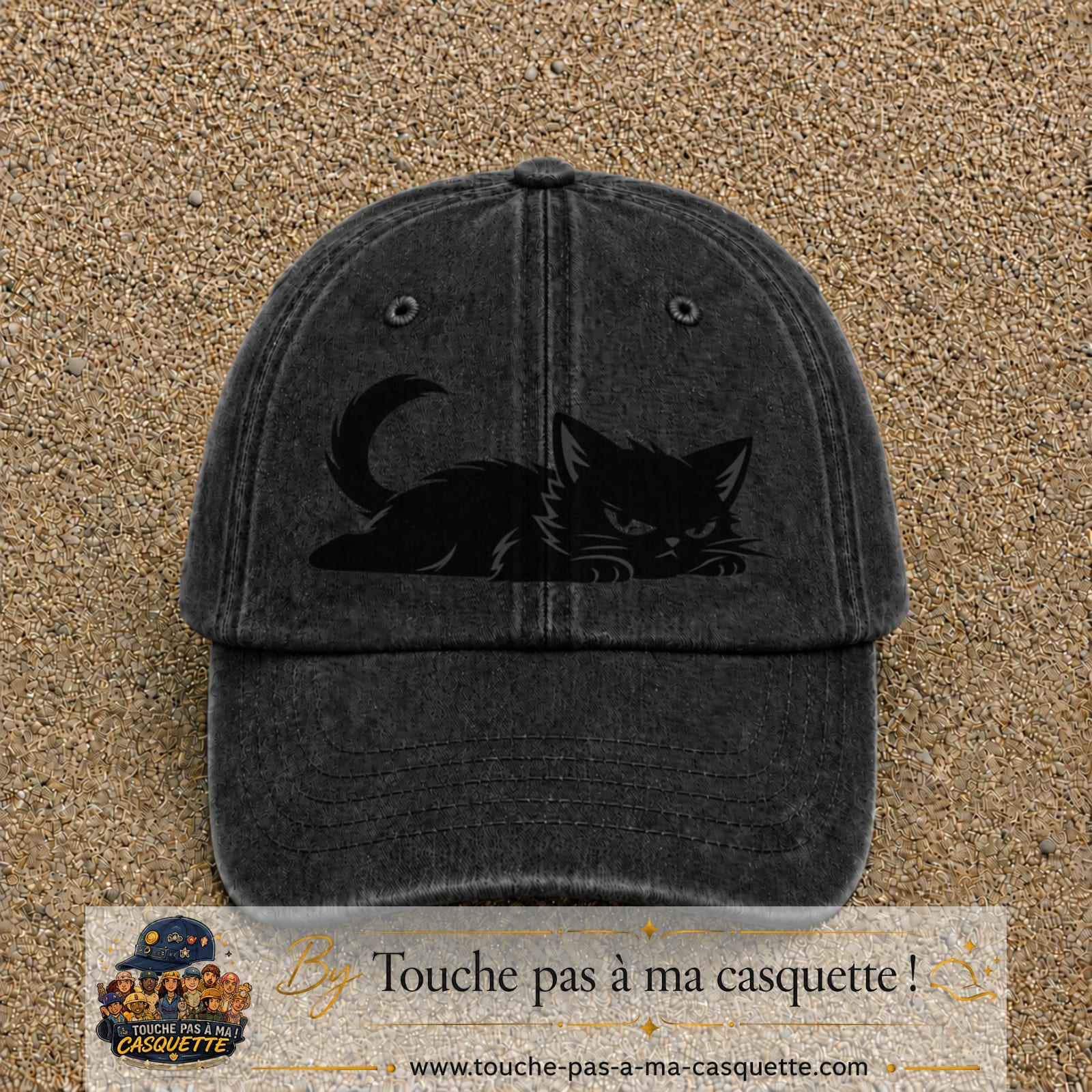 Casquette baseball Noir délavé 100% coton avec visuel Chat noir couché 7 cm - image produit principale