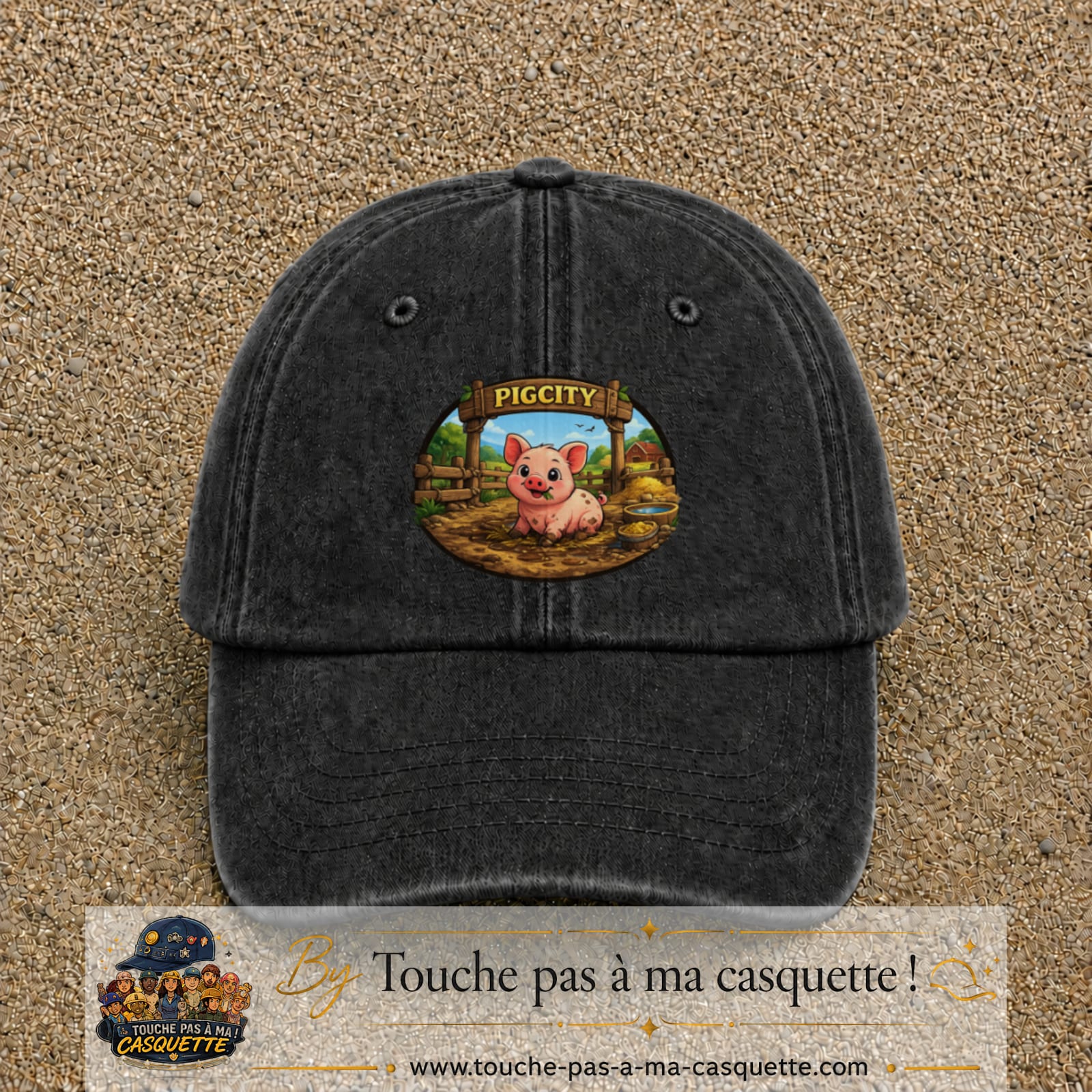 Casquette baseball Noir délavé 100% coton avec visuel Pigcity cochon 7 cm - image produit principale