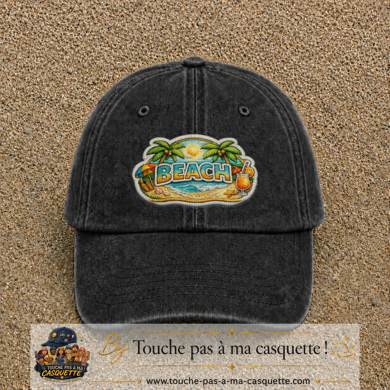 Casquette Noir délavé motif Plage tropicale Beach 7 cm - vue principale