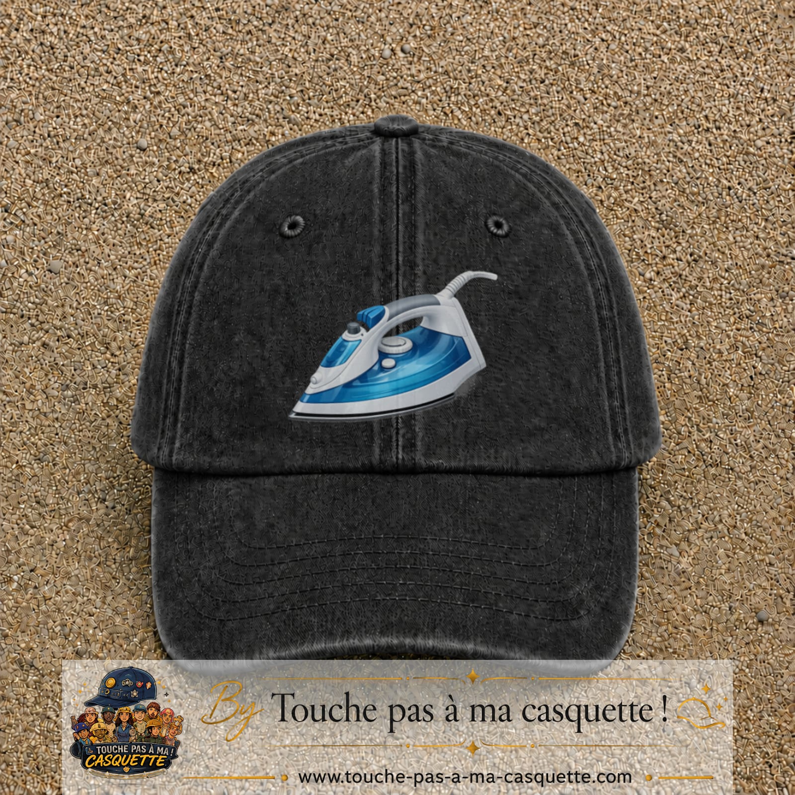 Casquette Noir délavé 100% coton avec motif Fer à repasser bleu 7 cm - image principale