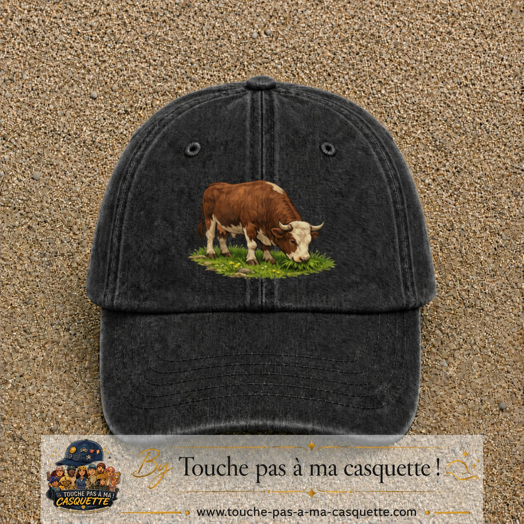 Casquette baseball Noir délavé 100% coton avec motif Vache brune 7 cm - image principale