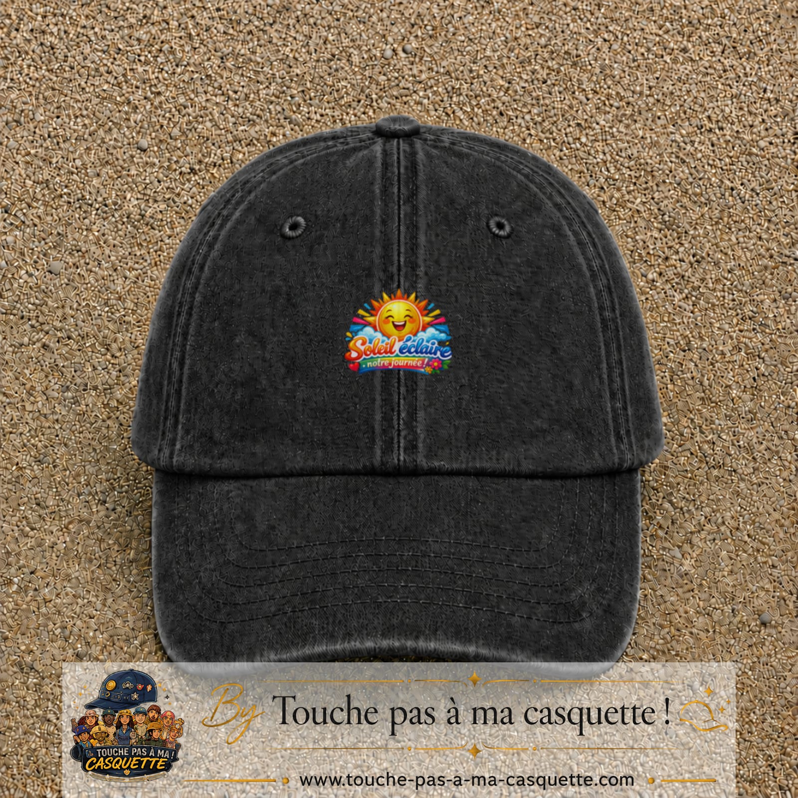Casquette baseball Noir délavé 100% coton avec motif Soleil éclaire notre journée 5 cm - image principale