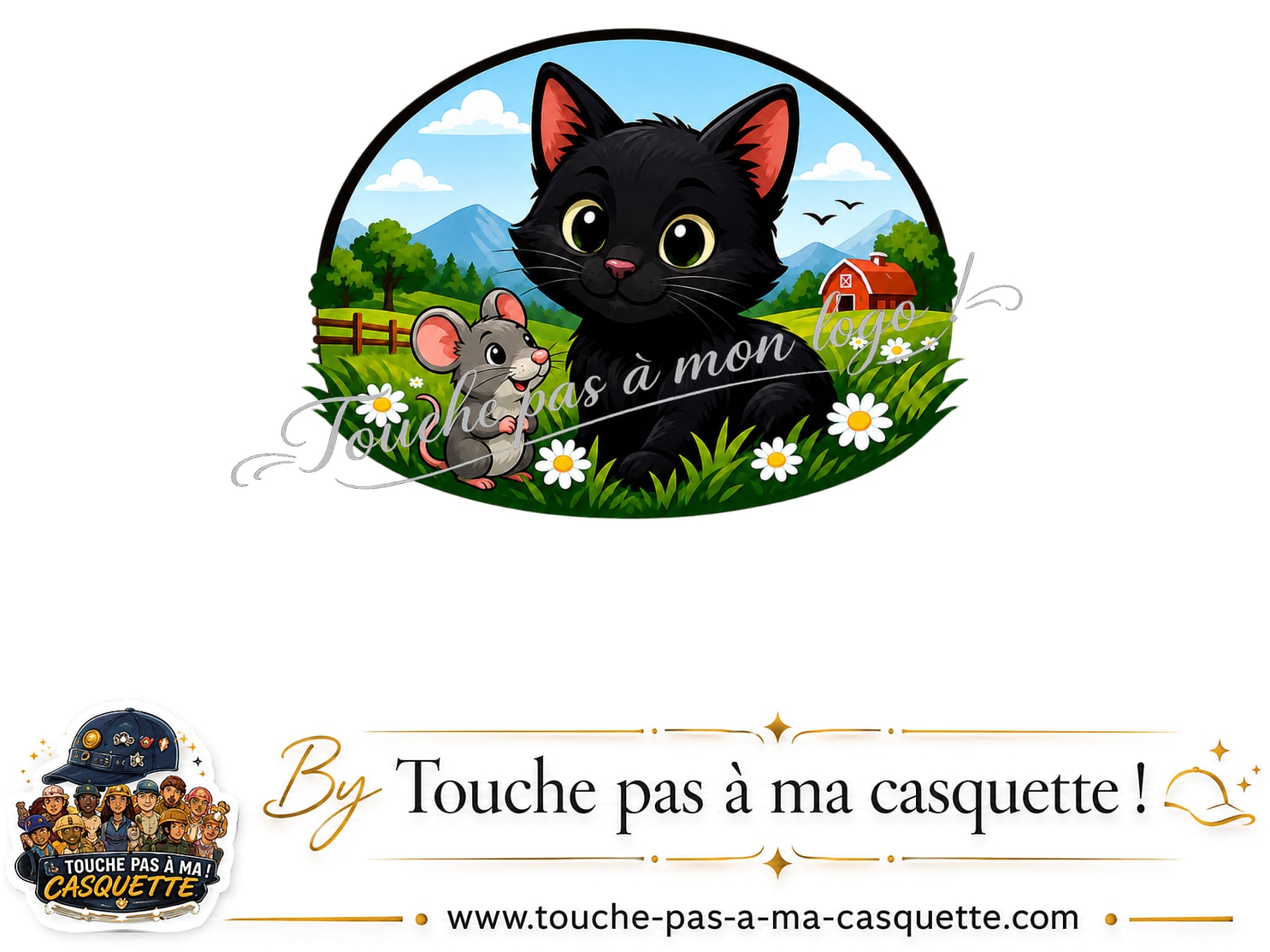 Logo logo383 / motif Chat et souris à la ferme utilisé sur la casquette 5 cm