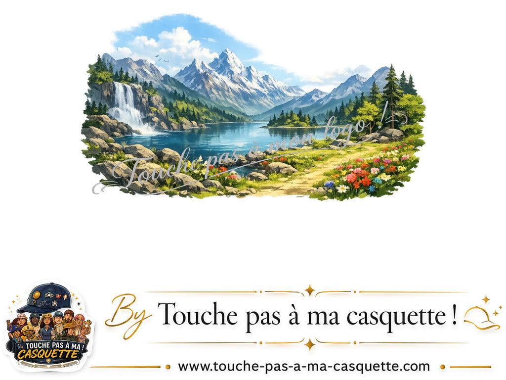 Motif Paysage montagne lac utilisé sur la casquette Beige foncé délavé 7 cm