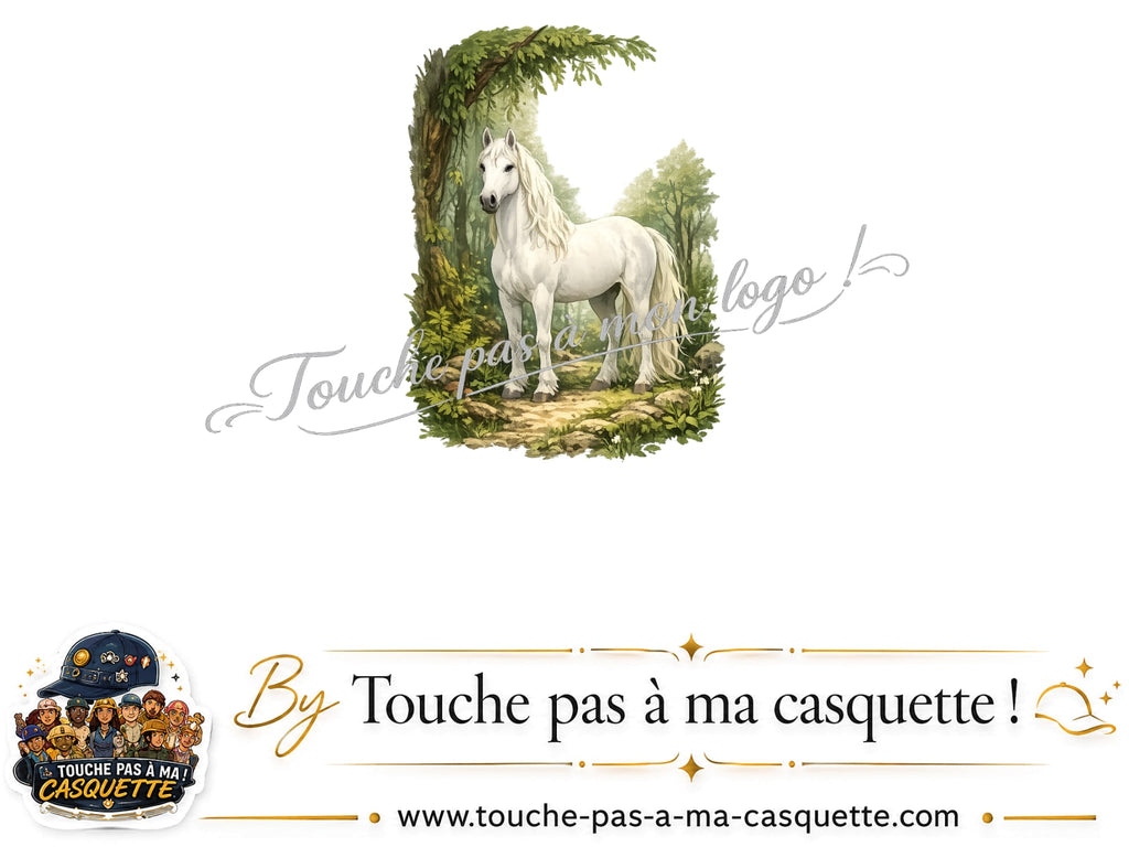 Motif Cheval blanc en forêt utilisé sur la casquette Beige clair délavé 3 cm