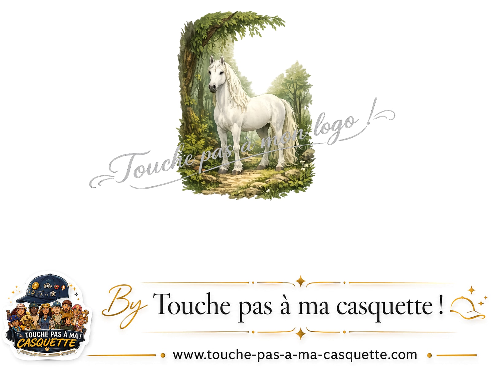 Motif Cheval blanc en forêt utilisé sur la casquette Noir délavé 7 cm