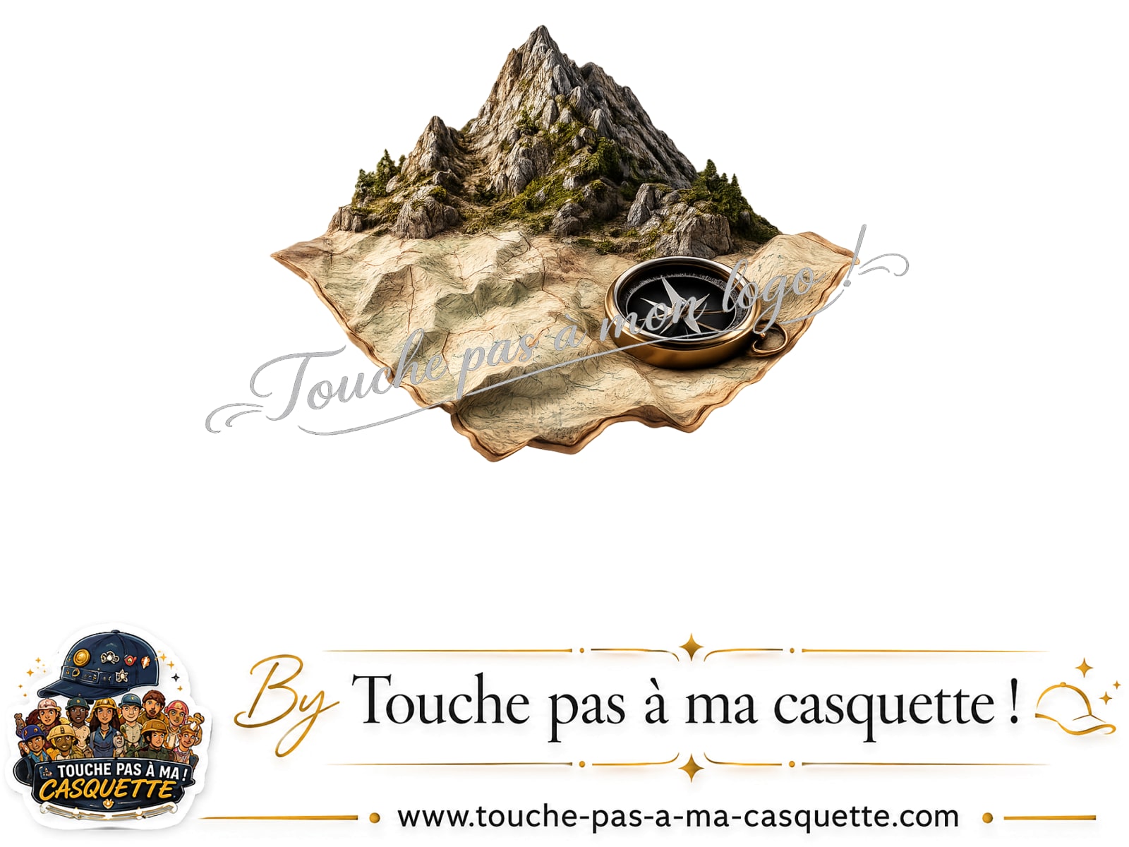 Détail du motif Montagne sur carte avec boussole présenté sur la casquette