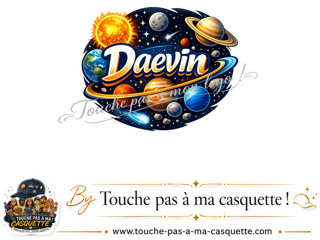 Détail du motif Prénom Daevin dans le système solaire présenté sur la casquette