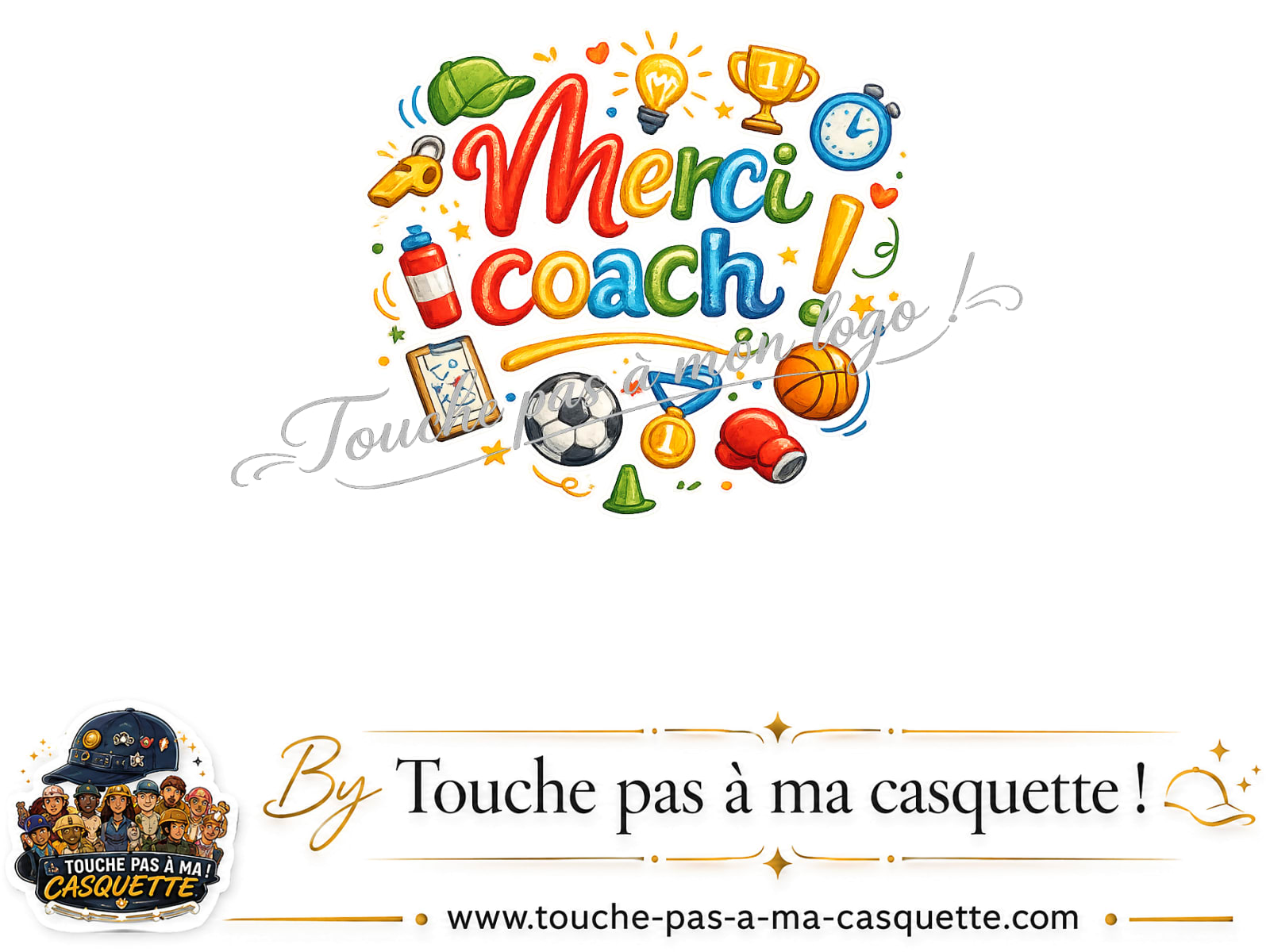 Détail du motif Merci coach multisport présenté sur la casquette