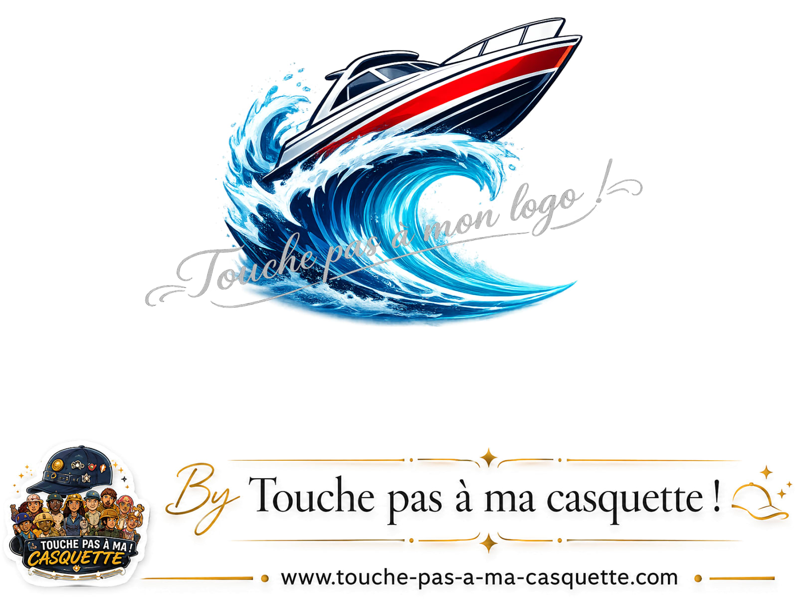 Détail du motif Bateau à moteur sur vague présenté sur la casquette