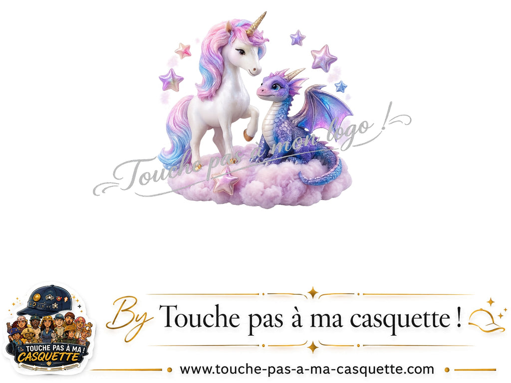 Détail du motif Licorne et dragon sur un nuage présenté sur la casquette