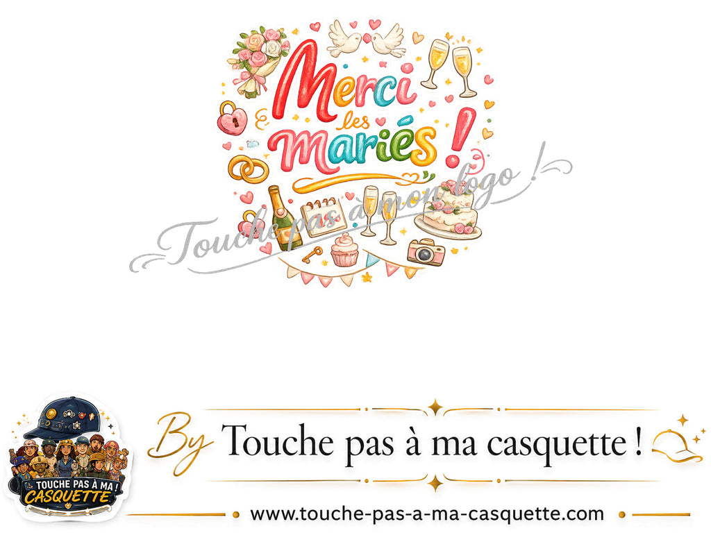 Détail du motif Merci les Mariés présenté sur la casquette