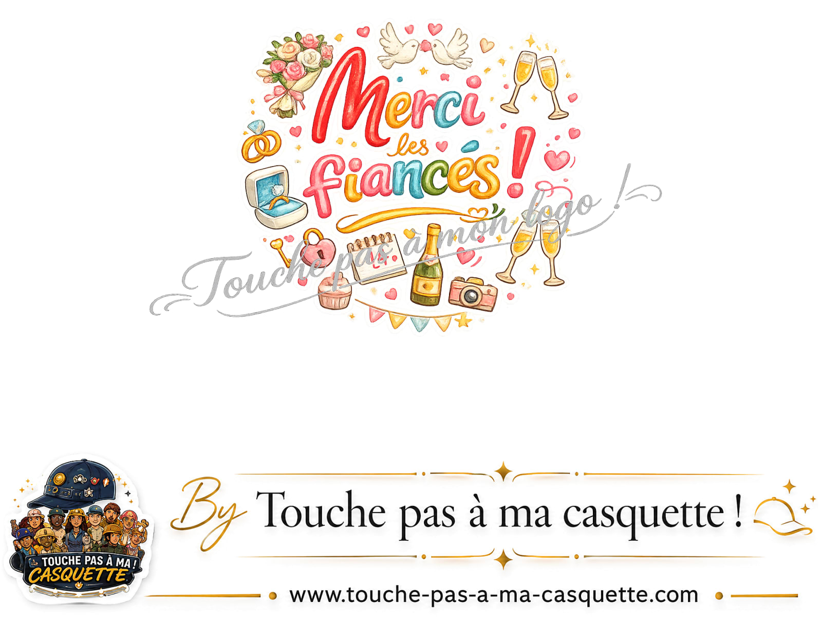 Détail du motif Merci les Fiancés présenté sur la casquette