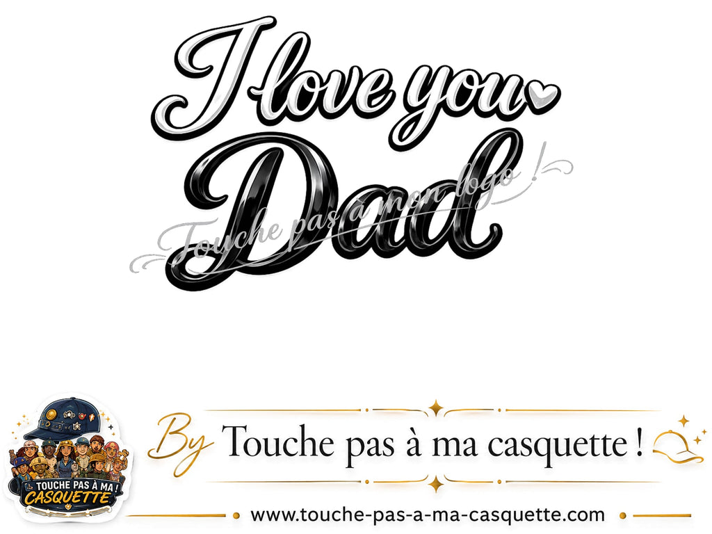 Détail du motif I Love You Dad en calligraphie présenté sur la casquette