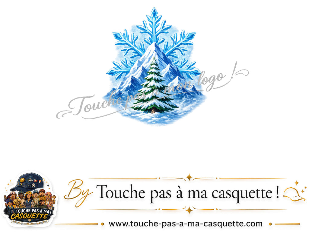 Détail du motif Montagne enneigée et sapin présenté sur la casquette