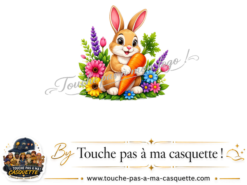 Détail du motif Lapin avec carotte et fleurs présenté sur la casquette