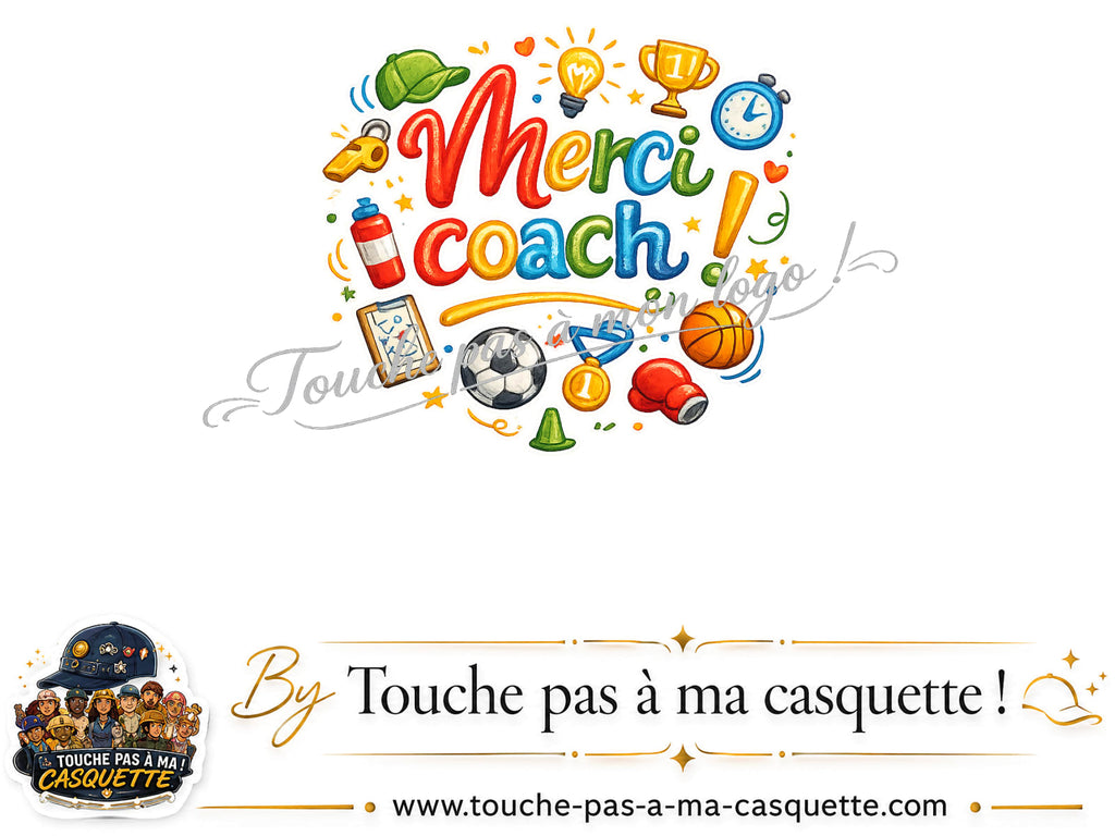Détail du motif Merci coach multisport présenté sur la casquette