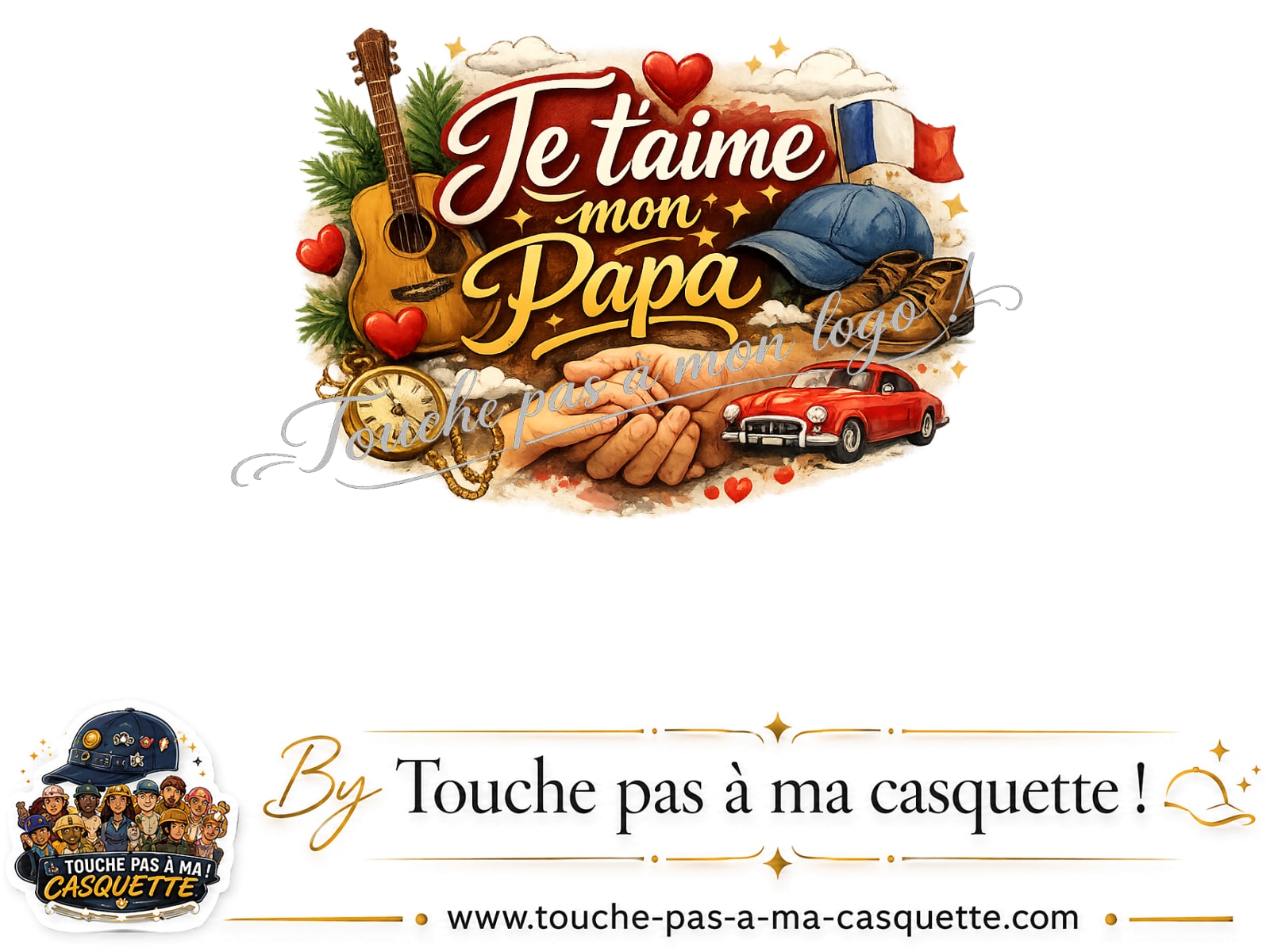 Détail du motif Je t’aime mon Papa et ses passions présenté sur la casquette