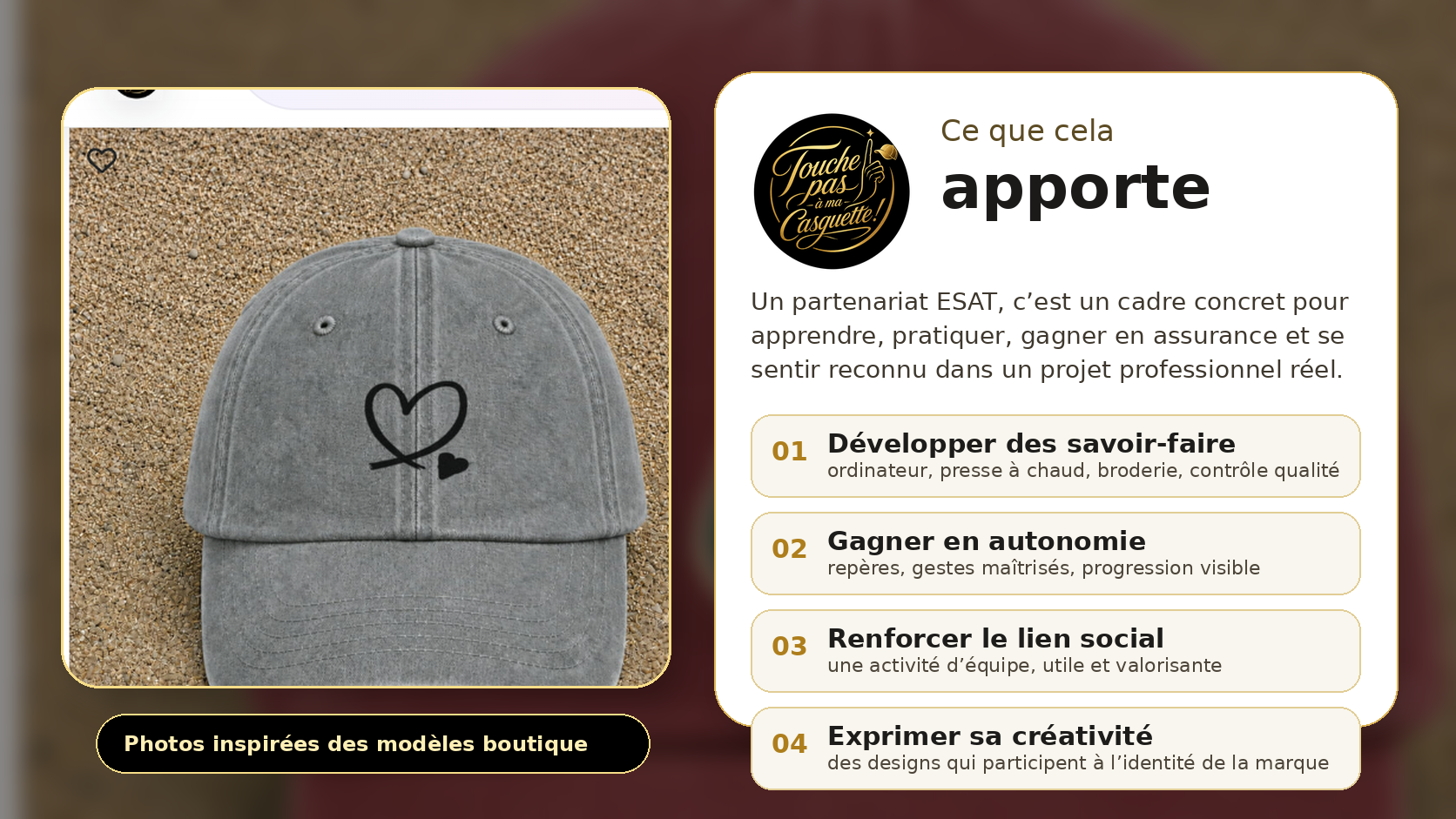 Illustration des bénéfices du partenariat ESAT : savoir-faire, autonomie, lien social et créativité.