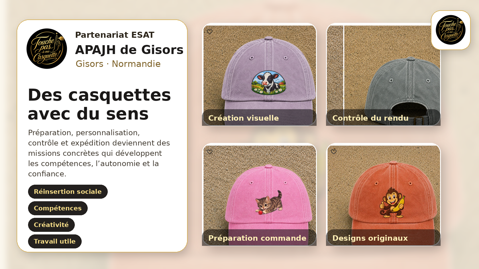 Illustration du partenariat ESAT APAJH avec plusieurs casquettes Touche pas à ma casquette.