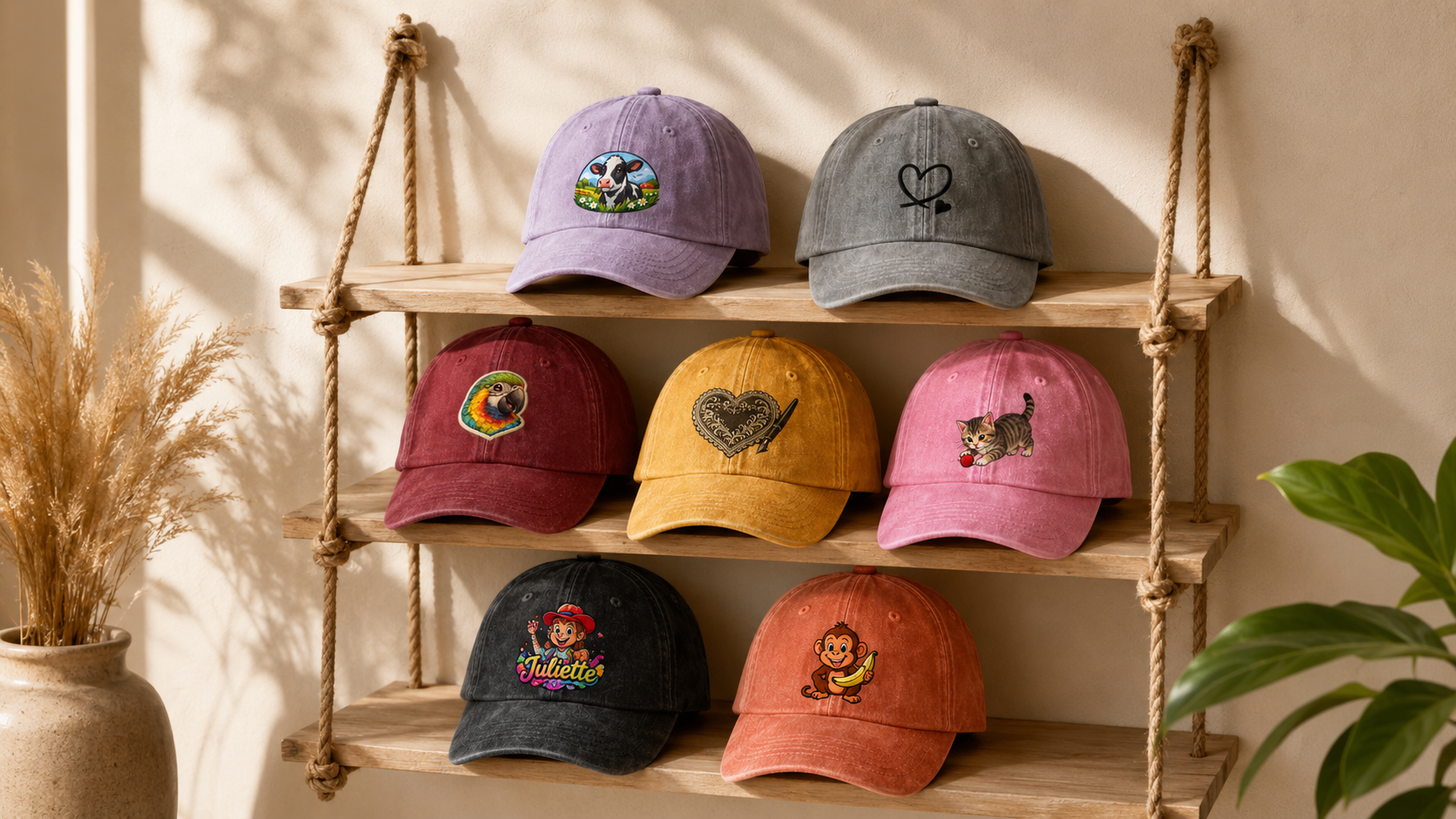 Présentoir mural chaleureux avec une sélection de casquettes vendues sur le site.