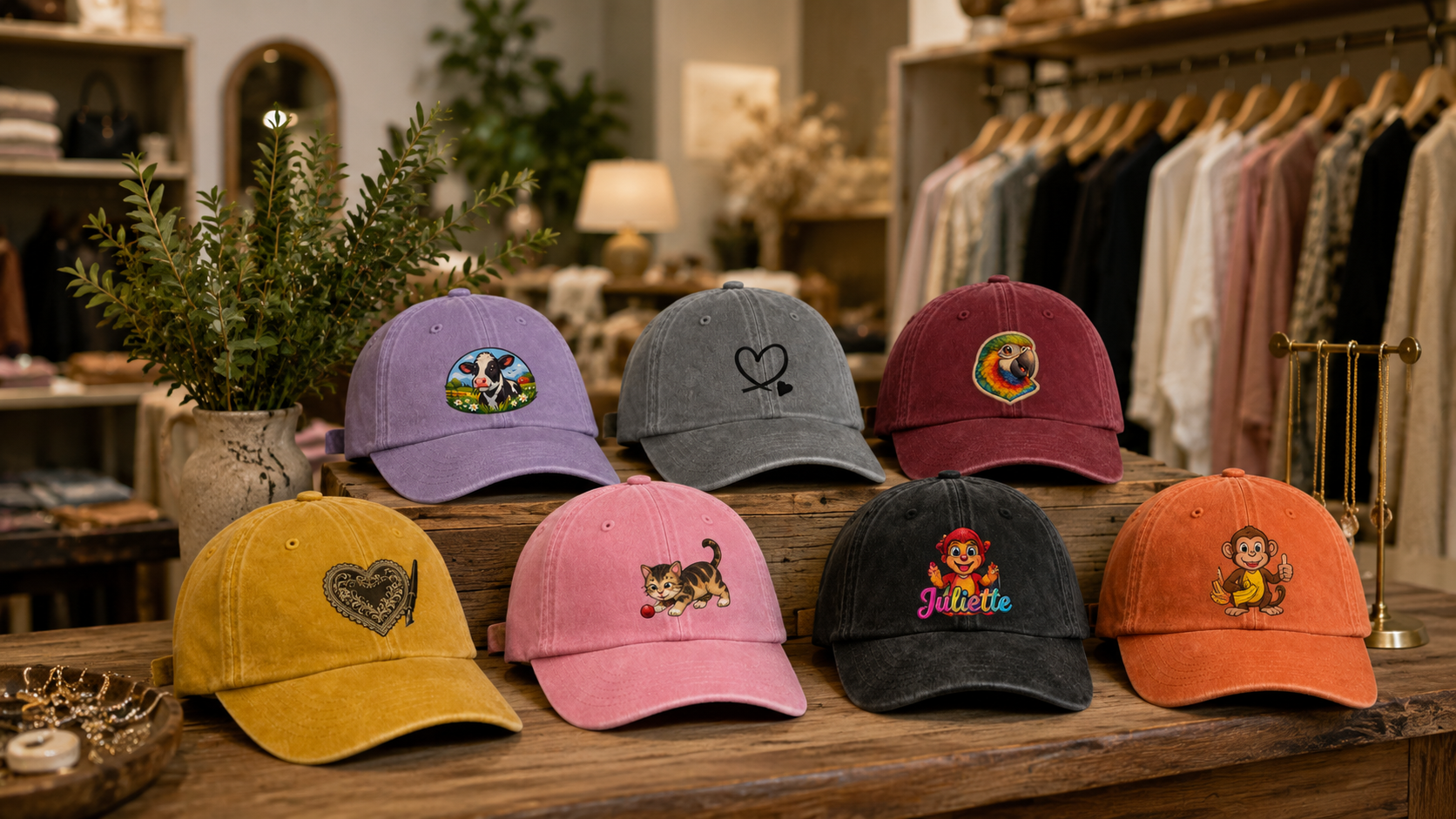 Mise en scène élégante de casquettes dans un espace boutique chaleureux.